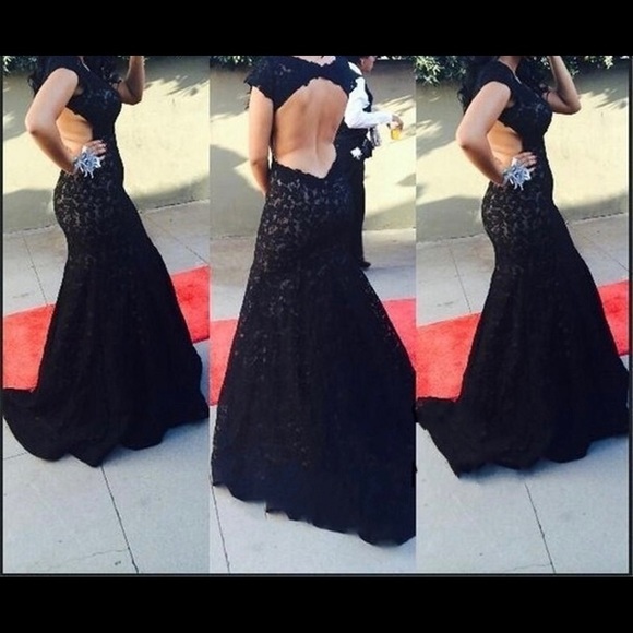 Black Backless Lace Mermaid Gown - Picture 2 of 4